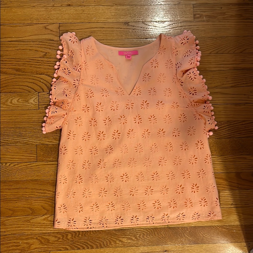 Lilly Pulitzer Peach Eyelet Blouse with Pom-Pom Sleeves